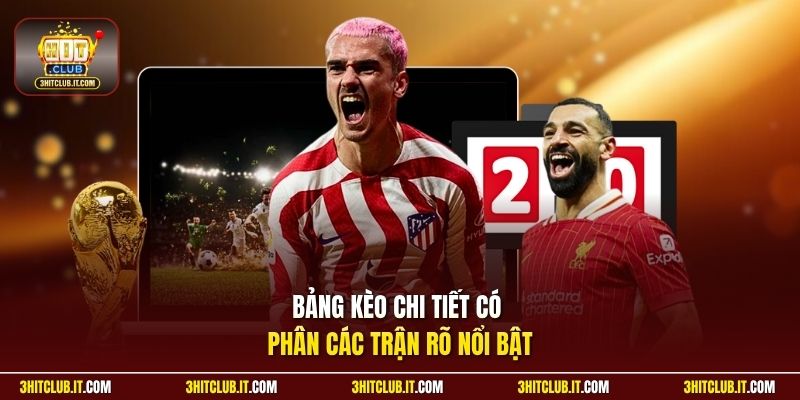Bảng kèo chi tiết có phân các trận rõ nổi bật